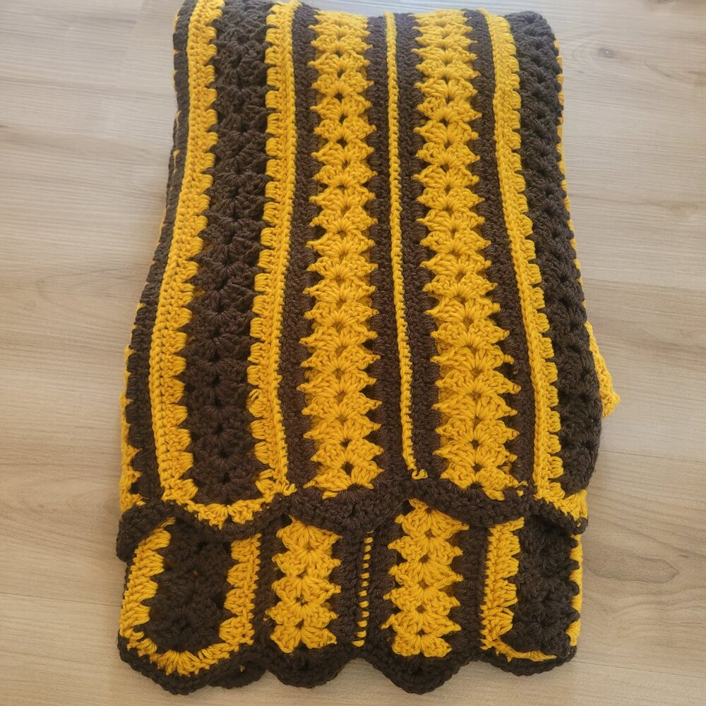 Handmade Crochet Chevron Throw Blanket 81 x 52 inches Brown Yellow